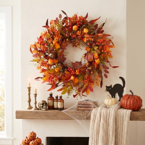24 inch Berry Branches Fall Wreath for Front Door with Colorful Leaves - Image 2