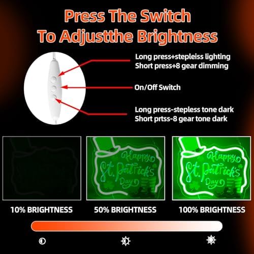 Happy St. Patrick's Day Art Neon Signs Shamrock LED Neon Lights Dimmable Wall Decor for Kids, Room, Office, St Patrick's Day Party Gift Art for Boys Girls-12.83 x 12.2 IN-USB Powered-Acrylic - Image 3