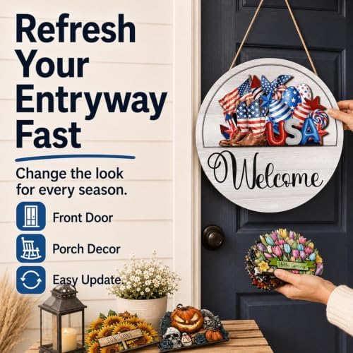 Interchangeable Welcome Sign for Front Door 12 Inch Round Seasonal Decor - Image 3
