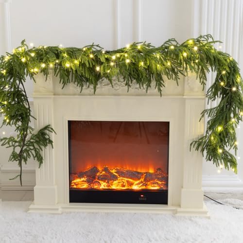 MISSPIN 14ft Christmas Garland with LED Lights, Real Touch Norfolk Pine Garland, Green Artificial Greenery Garland for Table, Mantle, String Light, Wall, Indoor, Outdoor Christmas Decorations by MISSPINWEDDING