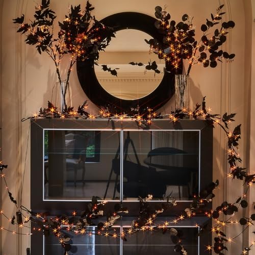 Hairui Lighted Black Eucalyptus Garland with Timer 96 LED Orange and Warm White Fairy Lights,Halloween Garland with Lights 6FT Battery Operated with 10 Functions for Fireplace Halloween Decoration - Image 6