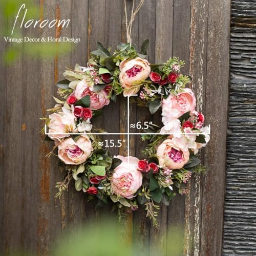 Floroom Floral Wreath, Artificial Peony Wreath, 15"-16" Front Door Decorations Wall Decor - Image 7