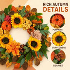 24 Inch Fall Wreath for Front Door with Pumpkins, Sunflowers & Berries - Image 2