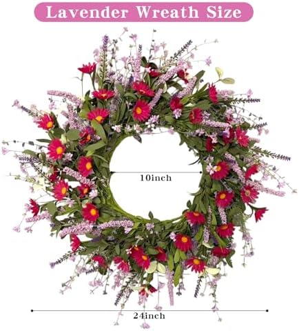 24 Inch Artificial Spring Summer Wreath for Front Door, Colorful Floral Wreath with Red Daisies Lavender and Eucalyptus Leaves, Farmhouse Indoor Outdoor Decor - Image 2