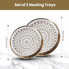 HOME ARCHIVE Round Serving Tray with with Handles Antique Look & Stylish Design Decorative Trays for Kitchen Round Ottoman Tray for Dinning Living Room & Home Decor Pack of 2 (White-Gold) - Image 2