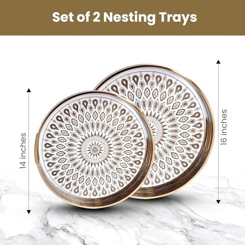 HOME ARCHIVE Round Serving Tray with with Handles Antique Look & Stylish Design Decorative Trays for Kitchen Round Ottoman Tray for Dinning Living Room & Home Decor Pack of 2 (White-Gold) - Image 2