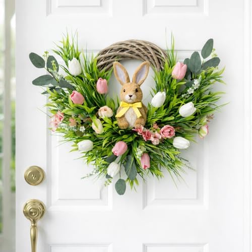 Spring Summer Wreath for Front Door, 24 Inch Artificial Tulip Wreath with Pink White Lavender and Eucalyptus Greenery for Indoor Outdoor Home Farmhouse Wall Decor - Image 7