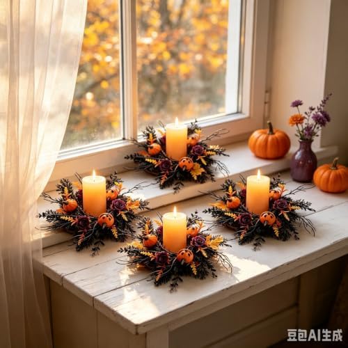 6 Pcs Mini Halloween Candle Ring Wreaths Small Pillar Candle Holder Wreath with Black Twig Branches Pumpkin Dark Purple Rose Autumn Leaves Spooky Gothic Wreaths for Farmhouse Cabinet Fireplace Table - Image 2