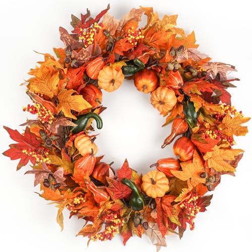 Fall Wreaths for Front Door 26 inch, Fall Door Wreath with Pumpkin, Maple Leaves Autumn Thanksgiving Harvest Festival Decorations Indoor and Outdoor by HomeKaren