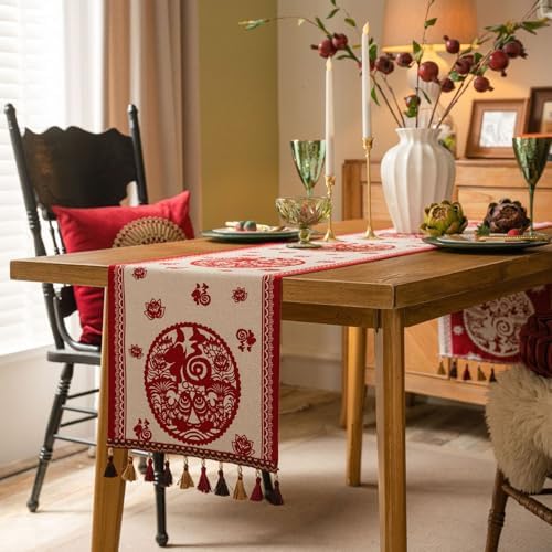 Chinese Red Jacquard Table Runner with Fu Character Festive Tassel Table Cloth Bed Scarf for Lunar New Year Wedding Party Decor (White Red, 13 "x106 ) - Image 2