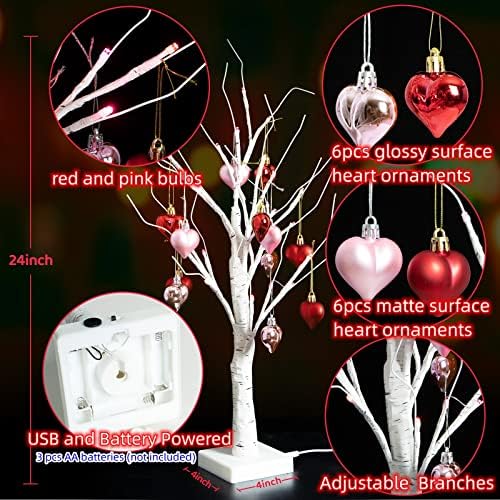 2Pack Valentines Day Decor Lighted Birch Tree with Heart-Shaped Ornaments,USB&Battery Operated Light Up Artificial Tree for Home Indoor Party Valentines Day Decorations (Red + Pink) - Image 3