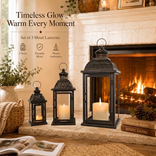 Lanterns Decorative Indoor&Outdoor, 19’’&14’’&10’’ Extra Large Metal Candle Lanterns, Vintage Candle Holders Farmhouse Shelf Wedding Front Porch Patio Decor, Christmas Halloween Decorations for Home - Image 3