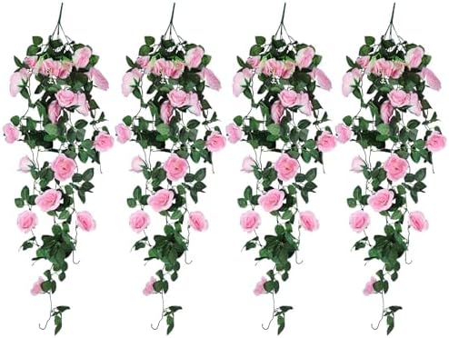 RECUTMS 4Pcs Artificial Pink Rose Hanging Plants Silk Ivy Garland Outdoors by RECUTMS
