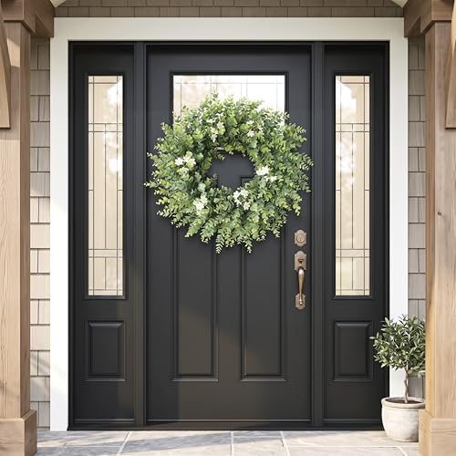 24" Large Eucalyptus Wreath for Front Door – All Season Artificial Greenery Wreath with White & Yellow Blossoms – Full Front Door Wreath for Porch, Farmhouse Entryway & Home Wall Decor - Image 2