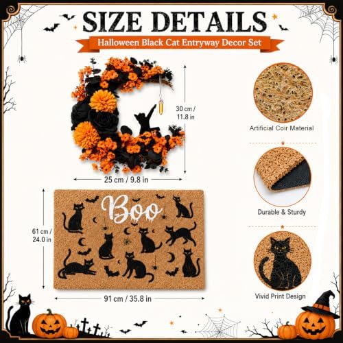 Thiccywoov 2 Pcs Halloween Black Cat Doormat and Wreath Sets for Front Door - Image 3