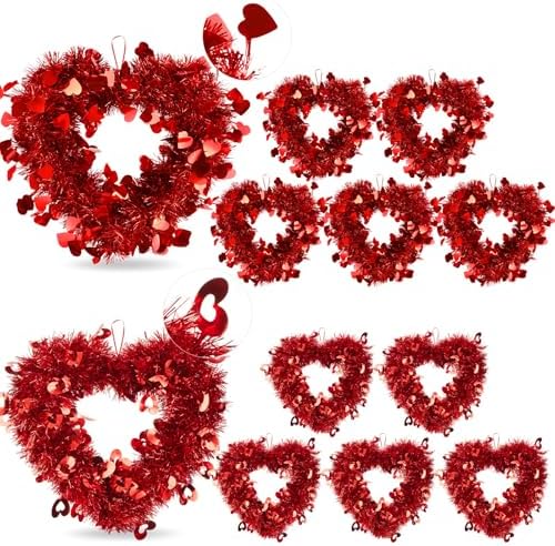 Suzile 12 Pcs Valentine Wreaths for Front Door Valentine's Day Red Heart Wreaths Decorations Tinsel Garlands with Foil Hearts Love Hanging Home Decoration by Suzile