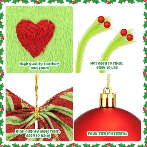 Gemscream 31 Pcs Lime Green Christmas Tree Decorations Includes Red Green Bows Toppers and Christmas Ball Ornaments and 30.7 Inch Tree Skirt Feather Picks for DIY Xmas Trees Hanging Decor - Image 3