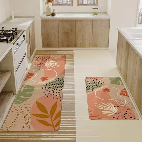 Boho Kitchen Mat Set of 2,Pink Botanical Modern Farmhouse Kitchen Rugs and Mats Non Skid Washable,Bohemia Runner Rugs with Rubber Backing for Kitchen Decor Accessories (17"x47"+17"x30") - Image 4