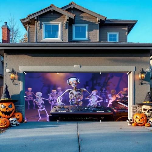 7x16ft Halloween Garage Door Cover for Double Garages Dancing Skeletons Musical Funny Hallows' Eve Party Decorations Halloween Garage Door Banner Backdrop for Photography - Image 4