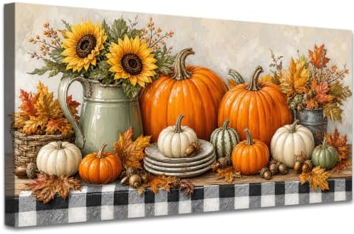 WAXWHELK Pumpkin Fall Canvas Wall Art, Pumpkin Sunflower Harvest Still Life Painting Pictures Rustic Farmhouse Autumn Thanksgiving Home Decor Artwork for Living Room Bedroom (24"x47") by Unknown