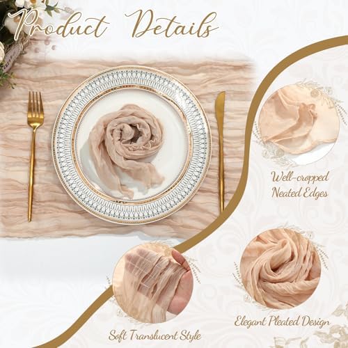 2 Cheesecloth Table Runners and 24 Napkins Set 10 FT Boho Cheese Cloth Table Runners 20 x 20 Inch Rustic Wrinkled Gauze Napkins for Wedding Birthday Baby Shower Party Decor (Champagne) - Image 3