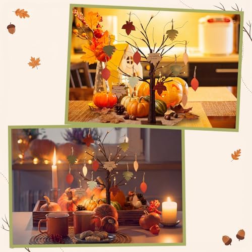 Briwooody 24'' Lighted Thanksgiving Gratitude Tree Kit, Brown Thanful Tree with 60 Leaves, Hemp Ropes & Pens, DIY Fall Decoration for Autumn Table Centerpiece Thanksgiving Gift (Battery Not Included) - Image 5