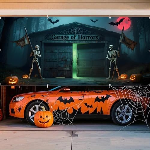 7x16ft Halloween Garage Door Banner Decoration Red Moon Skeleton Misty Haunted Forest Halloween Garage Door Cover for 2 Car Large Horror Covers Decorations for Party Outdoor Decor - Image 7