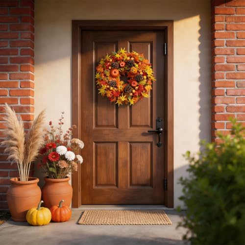 Fall Wreaths for Front Door 24 Inch Fall Wreath with Orange Pumpkins Pinecones Maple Leaves Large Berries Autumn Wreath for Thanksgiving Harvest Wall and Porch Farmhouse Decor - Image 3