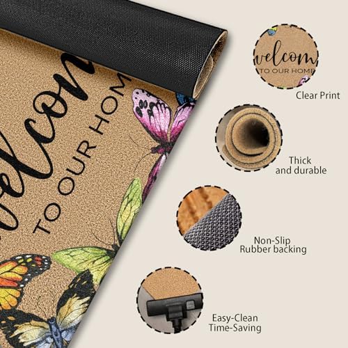 Butterfly Coco Coir Doormat Door Welcome to Our Home Mat for Home Entrance Front Door, Rustic Farmhouse Colorful Butterfly Welcome Floor Mats for Outdoor Outside Entryway 30X17 Inch - Image 7