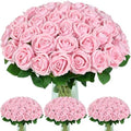 100Pcs Pink Roses Artificial Flowers, Real Touch Velvet Fake Roses Bouquet by BLEUMCADE
