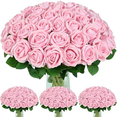 100Pcs Pink Roses Artificial Flowers, Real Touch Velvet Fake Roses Bouquet by BLEUMCADE