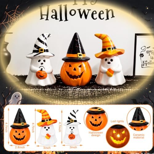 Patelai 3 Pcs Light up Ceramic Ghost Pumpkin Figurines Halloween Decoration - Image 4