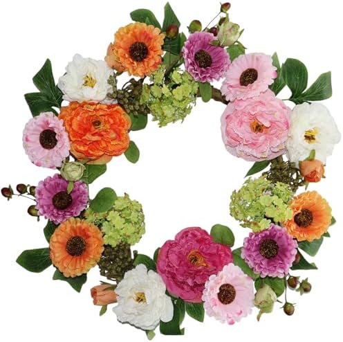 18 Inch Summer Wreaths for Front Door, Colorful Spring Summer Floral Wreath with Peony, Hydrangea and Greenery, Premium Artificial Wreath for Porch Wall Entryway Farmhouse Home Decor by BINFEN