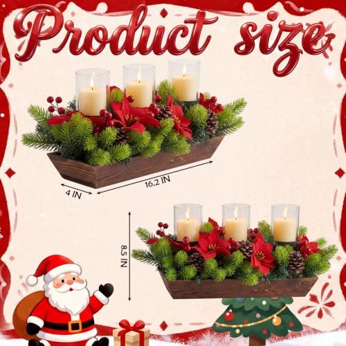 3 Pillar Christmas Table Centerpiece Christmas Candle Holder Artificial Poinsettia with Steel Base Frosted Arrangement for Home Decor - Image 2
