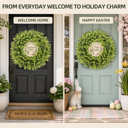 24 Inch Faux Boxwood Wreath with 3 Double-Sided Wooden Signs - Image 4