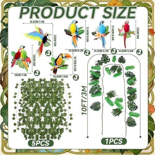 18 Pcs Jungle Party Decorations Back to School Classroom Rainforest Safari Tropical Hanging Birds Parrot Honeycomb Paper Cutouts Jungle Artificial Ivy Vines Garland for Hawaiian Luau Safari Decor - Image 2