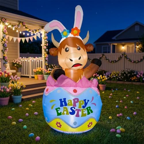 5FT Easter Inflatable Highland Cow with Egg Decorations Built-in LED Lighted Blow Up Decoration Home Yard Outdoor Indoor Garden Lawn Decor - Image 3