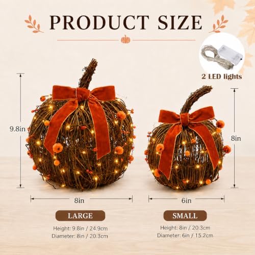 Lighted Fall Pumpkin Decor 2 Pack Rattan Pumpkins with Velvet Bow - Image 3