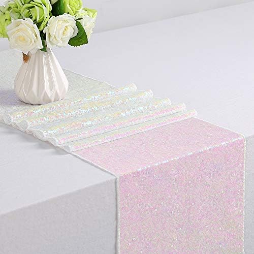 B-COOL White Table Runner Glitter Fabric: Sequin Table Runner 8 Panels 12x72 Inch Iridescent Runner for Holiday Party Wedding Table Decorations - Image 2
