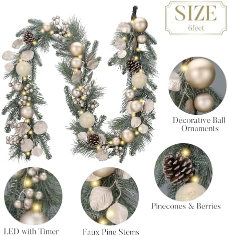 Valery Madelyn 6 Ft Christmas Garland with Lights for Mantle White Gold - Image 6
