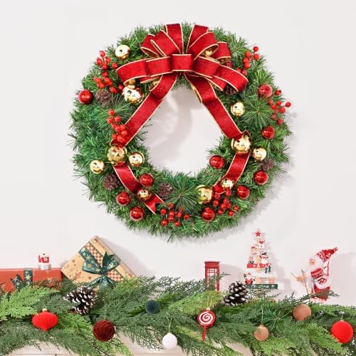 20 Inch Christmas Wreath with Lights, Realistic Large Christmas Door Wreath - Image 2