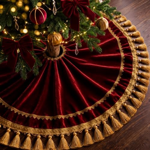 Roowest 48 Inch Burgundy Christmas Tree Skirt Velvet,Vintage Round by Roowest