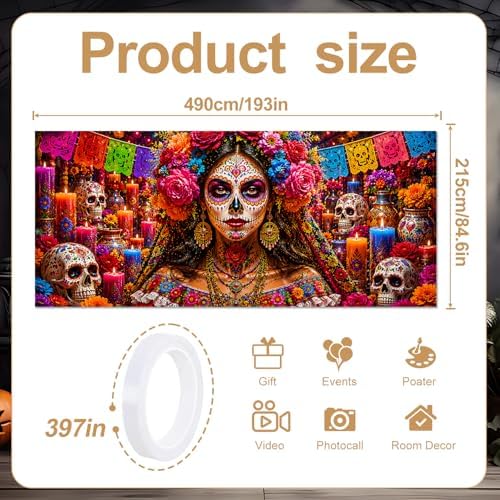 Day of the Dead Garage Door Banner 7x16 FT - Dia De Los Muertos Catrina Sugar Skull Backdrop Cover with Mexican Papel Picado Flowers Candles Decor for Double Car Garage Door Outdoor Fiesta Party - Image 2