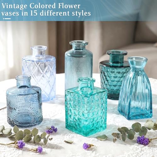 Set of 30 Blue Glass Bud Vases Small Textured Flower Vases - Image 3