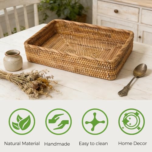 Large Rattan Serving Tray, Rectangle Wicker Storage Basket for Organizing - Image 5