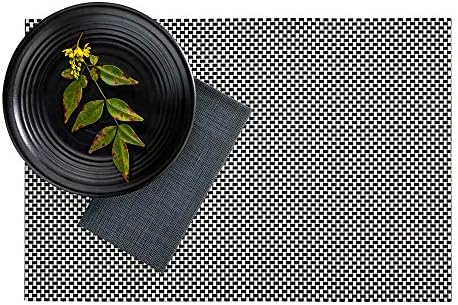 Restaurantware Amalfi 16 x 12 Inch Plastic Placemats Set Of 6 Basketweave Outdoor Placemats - Heat Tolerant No Stain Black And White Vinyl Table Placemats Waterproof Easy To Clean by Restaurantware