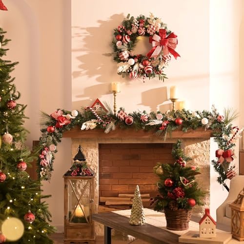Valery Madelyn 24'' Pre-Lit Christmas Wreath for Front Door with Lights, Collapsible Lighted Outdoor Christmas Wreath with Red White Xmas Balls & Bow for Home Porch Fireplace Window Holiday Wall Decor - Image 2
