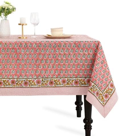 CPC Poppy Pink Block Print 100% Cotton Rectangle Tablecloth 60x108 Inch by COTTONPRINTCLUB