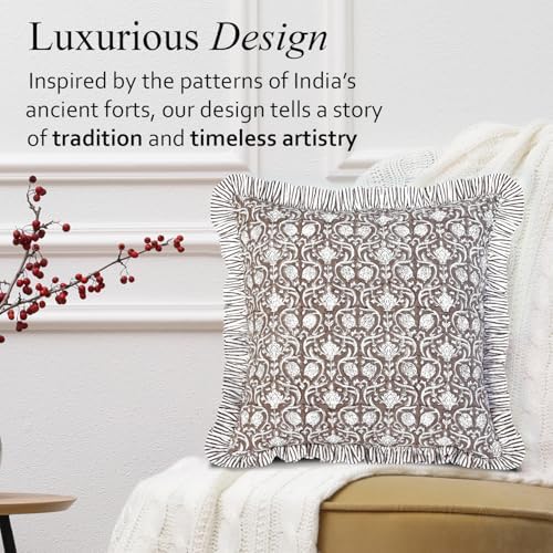 CPC Mocha Regal Hand Block Print 100% Cotton Ruffle Throw Pillow Cover 24x24 inch with Hidden Zipper Decorative for Couch, Bed, Sofa, Farmhouse, Cottagecore Decor Gift Christmas Fall Thanksgiving - Image 7