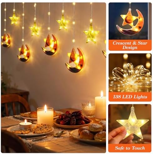 Lewondr Ramadan Curtain String Lights, 138 LEDs Moon Castle Star Lights - Image 4